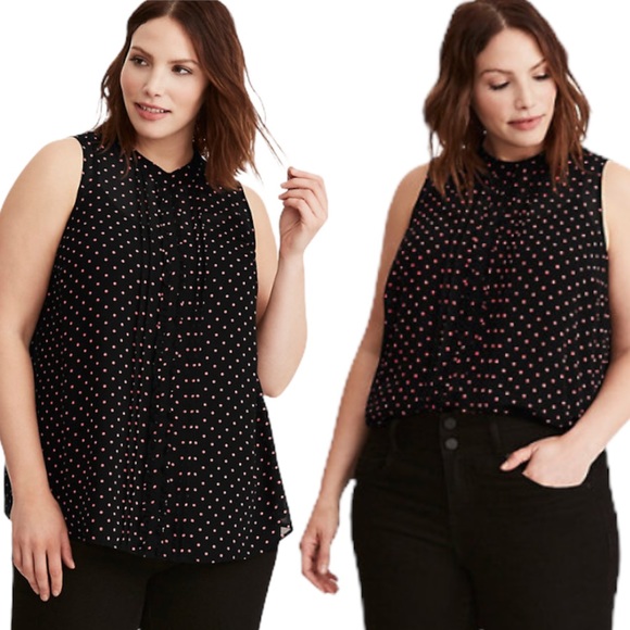 torrid Tops - BLACK SLEEVELESS TORRID TOP WITH PINK POLKA DOT RUFFLED FRONT CHIFFON